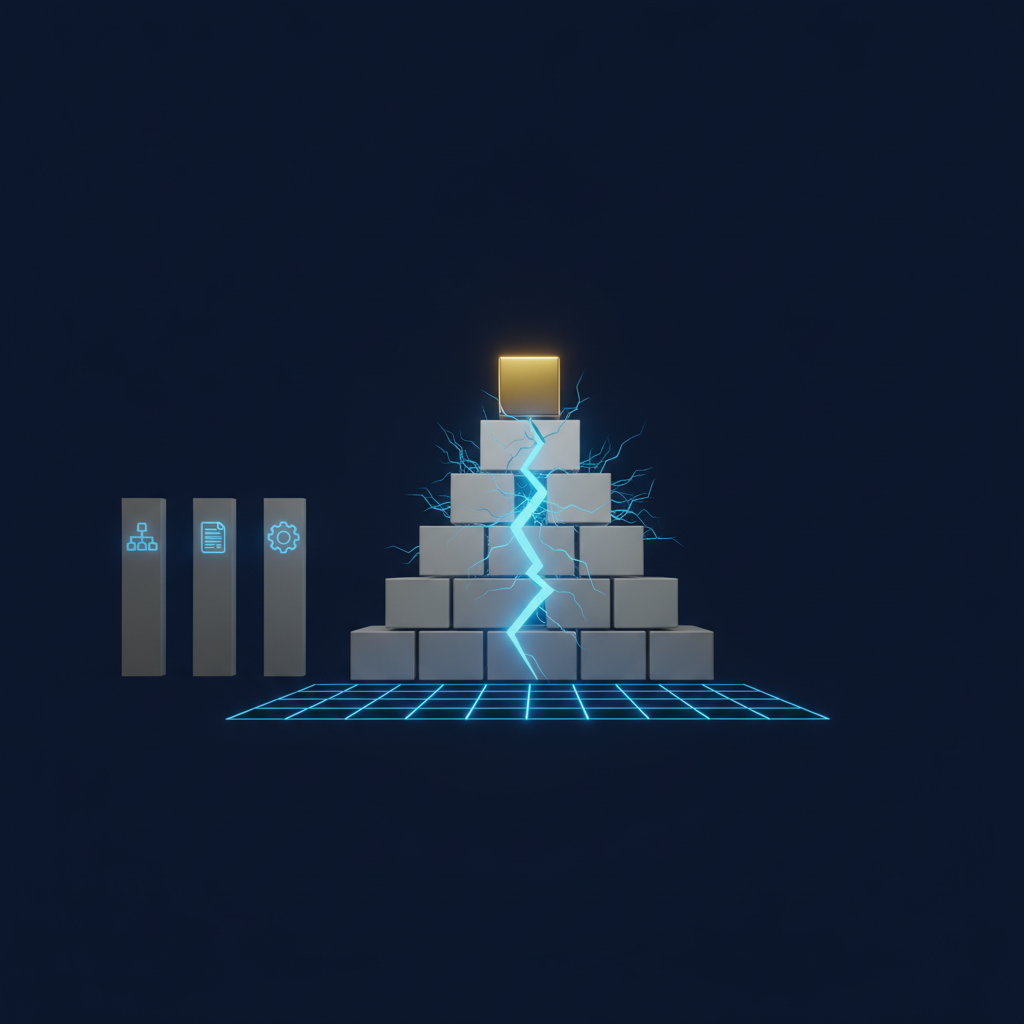 A stepped pyramid of grey blocks topped by a single gold block, split down the middle by a jagged bolt of cyan light, standing on a glowing grid beside three slim icon pillars.