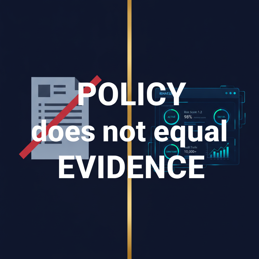A policy document struck through with a red diagonal line on the left and a glowing monitoring dashboard on the right, split by a gold vertical line, captioned policy does not equal evidence.