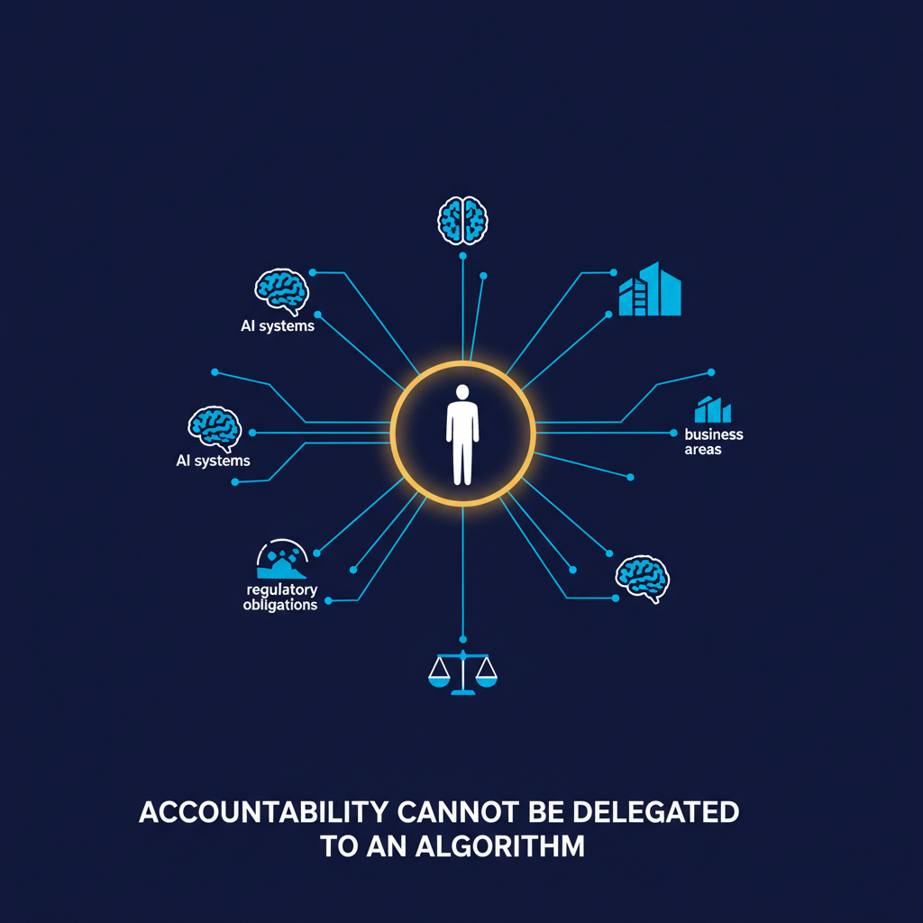A single human figure inside a glowing gold ring at the centre of a network, wired outward to AI system, business area and regulatory obligation icons, captioned accountability cannot be delegated to an algorithm.
