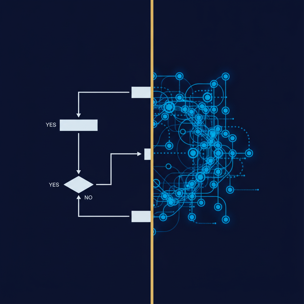 A clean white decision flowchart with yes and no branches on the left, divided by a vertical gold line from a dense, glowing cyan neural network on the right.