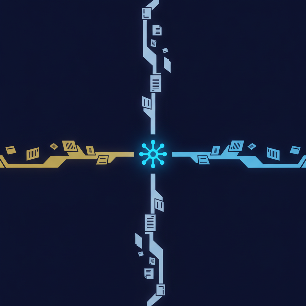 Abstract diagram of a glowing blue central hub connected to four branching paths of stylised document icons in gold, pale blue and white, representing one model generating separate evidence packs for different regulatory audiences.