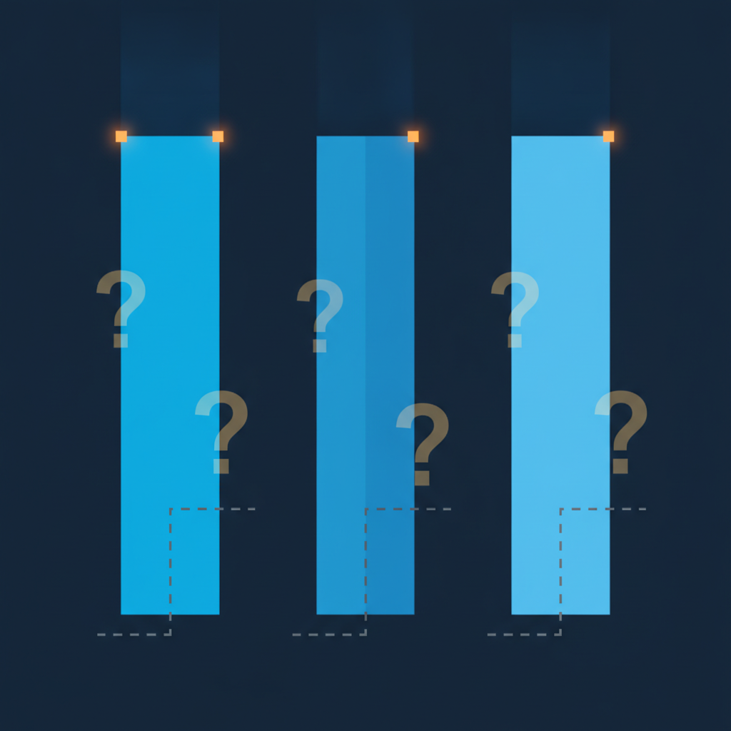 Three tall blue bars rising past their dashed outlines, each overlaid with faint question marks and topped with small amber markers.