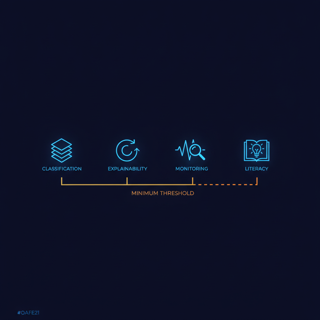 Four cyan icons labelled classification, explainability, monitoring and literacy above a gold minimum-threshold bar that runs solid beneath the first three and turns dashed beneath the fourth.